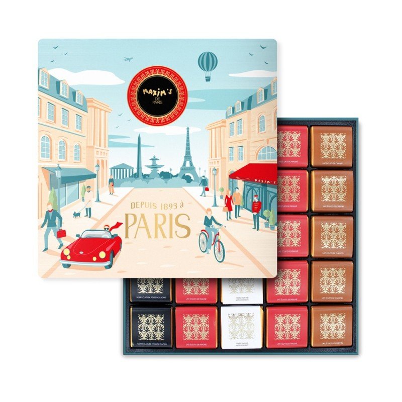 Square Tin of Chocolate Squares "Bonjour Paris", 50 pces-Chocolate-Maxim's shop